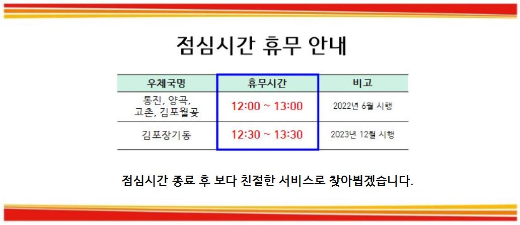 점심시간 휴무 안내

우체국명: 통진, 양곡, 고촌, 김포월곶 / 김포장기동
휴무시간: 12:00~13:00 / 12:30~13:30
비고: 2022년 6월 시행 / 2023년 12월 시행

점심시간 종료 후 보다 친절한 서비스로 찾아뵙겠습니다.