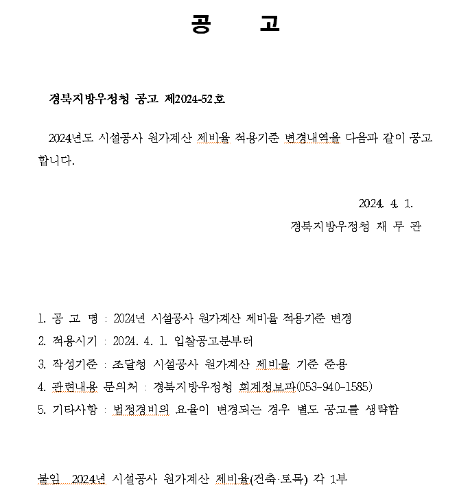 공     고


  경북지방우정청 공고 제2024-52호

  2024년도 시설공사 원가계산 제비율 적용기준 변경내역을 다음과 같이 공고합니다.

                                                        2024. 4. 1.
                                            경북지방우정청 재 무 관



   
1. 공 고 명 : 2024년 시설공사 원가계산 제비율 적용기준 변경
2. 적용시기 : 2024. 4. 1. 입찰공고분부터
3. 작성기준 : 조달청 시설공사 원가계산 제비율 기준 준용
4. 관련내용 문의처 : 경북지방우정청 회계정보과(053-940-1585)
5. 기타사항 : 법정경비의 요율이 변경되는 경우 별도 공고를 생략함

    
붙임  2024년 시설공사 원가계산 제비율(건축·토목) 각 1부