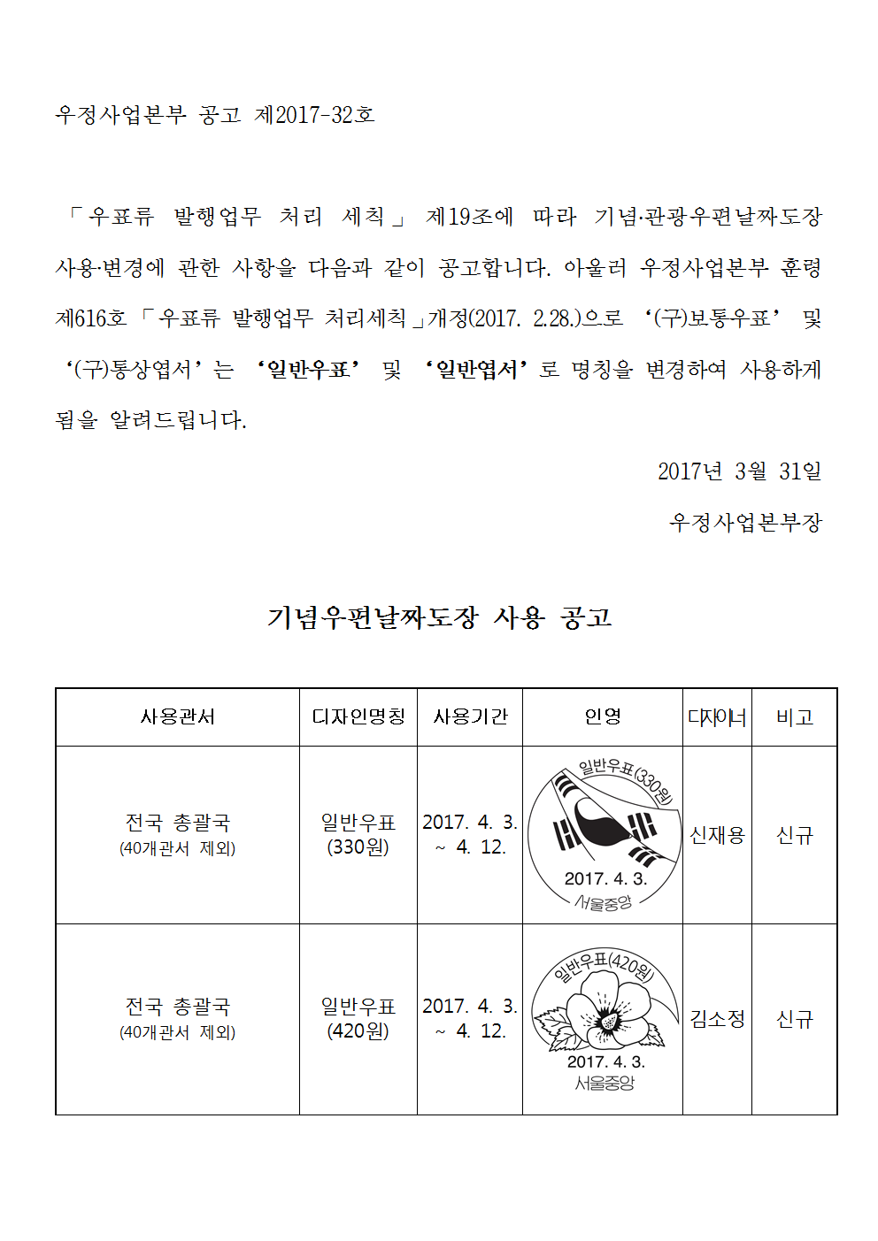 우정사업본부 공고 제2017-32호(기념우편날짜도장 사용 공고)001.png