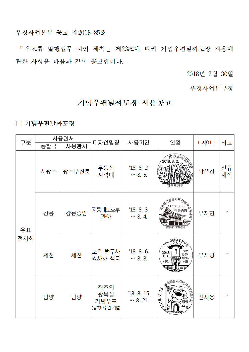 우정사업본부 공고 제2018-85호(기념우편날짜도장 사용공고)001.png