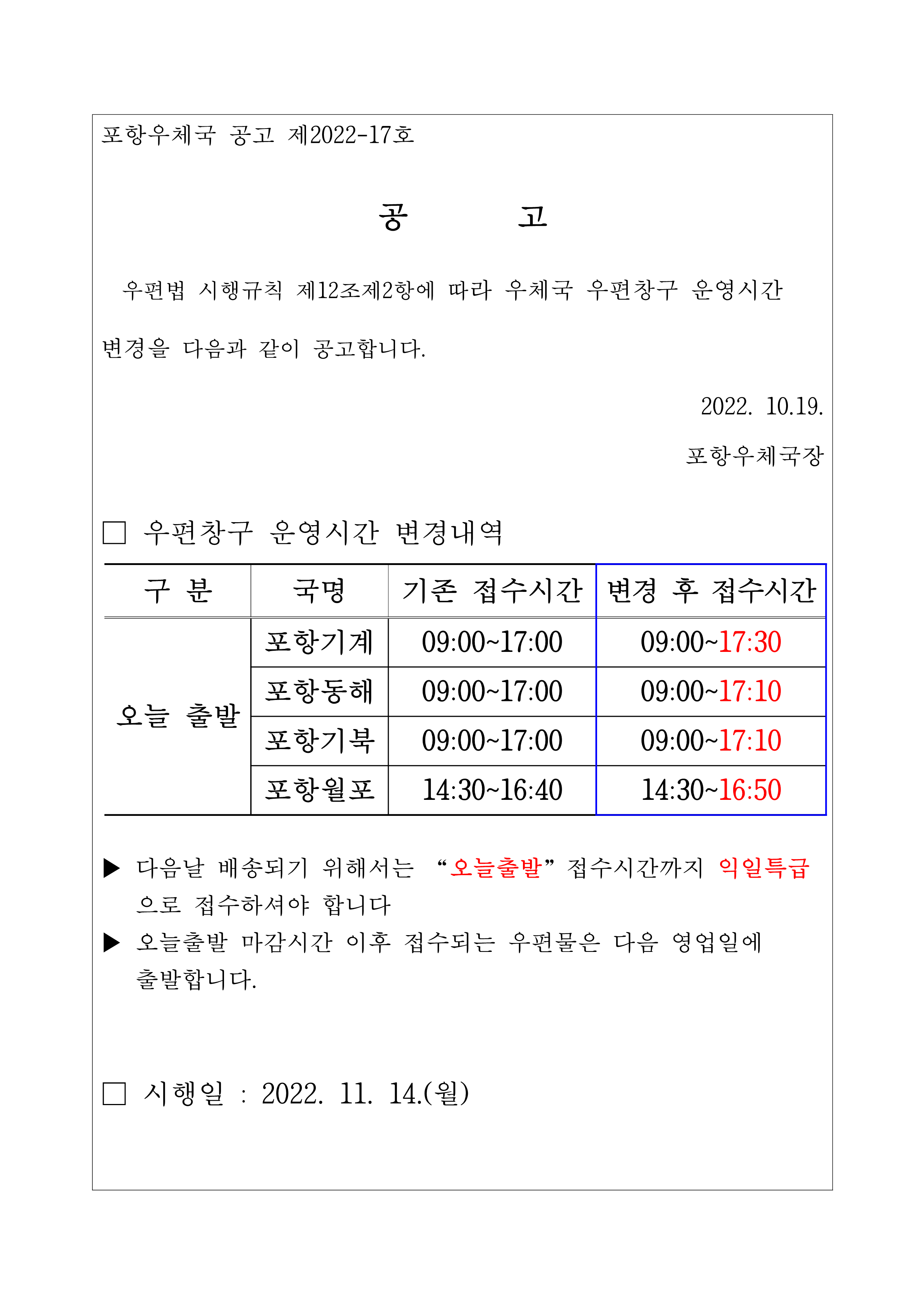 포항우체국 공고 제2022-17호
공고
우편법 시행규칙 제12조 제2항에 따라 우체국 우편창구 운영시간변경을 다음과 같이 공고합니다.
2022.10.19.포항우체국장
우편창구 운영시간 변경내역
<표 />
다음날 배송되기 위해서는 