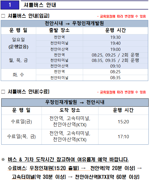 
1

 셔틀버스 안내

□ 셔틀버스 안내(입교)                     * 교육일정에 따라 변경될 수 있음


천안시내 → 우정인재개발원
운 행 일
출발 장소
운행 시간
일요일
(운행없음)
천안역
19:30
천안터미널
19:40
천안아산역
19:00
월, 목, 금
천안역
08:25, 09:25 / 2회 운행
천안터미널
08:35, 09:35 / 2회 운행
천안아산역
09:10
화, 수
천안역
08:25
천안터미널
08:35

□ 셔틀버스 안내(수료)                     * 교육일정에 따라 변경될 수 있음


우정인재개발원 → 천안시내
운 행 일
도착 장소
운행 시간
수료일(금)
천안역, 고속터미널, 천안아산역(KTX)
15:20
수료일(목, 금)
천안역, 고속터미널, 천안아산역(KTX)
17:10


우정인재개발원 → 천안시내
운 행 일
도착 장소
운행 시간
수료일(금)
천안역, 고속터미널, 천안아산역(KTX)
15:20
수료일(목, 금)
천안역, 고속터미널, 천안아산역(KTX)
17:10

※ 버스 & 기차 도착시간 참고하여 여유롭게 예약 바랍니다.
   수료버스: 우정인재원[15:20 출발) →  천안역(약 20분 이상) → 고속터미널(약 30분 이상) → 천안아산역(KTX)(약 60분 이상)
 
